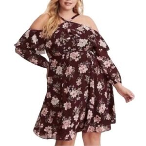 Torrid 14 Burgundy Floral Off The Shoulder Dress